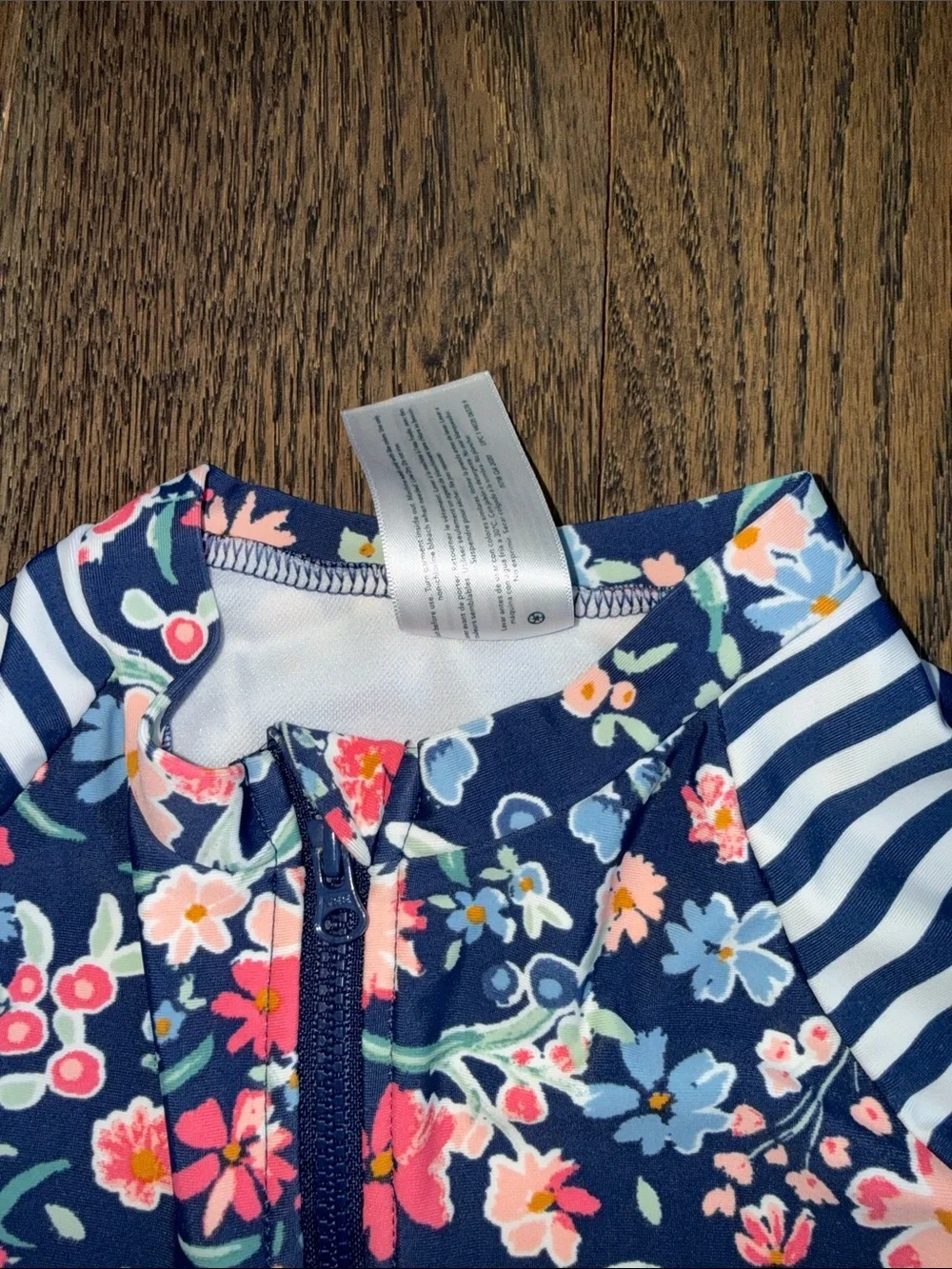 OshKosh B'gosh Navy Floral Long-Sleeve One-Piece Swimsuit with Striped Sleeves 2